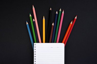 Okul konseptine geri dönelim. Çeşitli kalemler, silgi, renkli kalemler, suluboya, vs. Düz ya da üst görünüm.