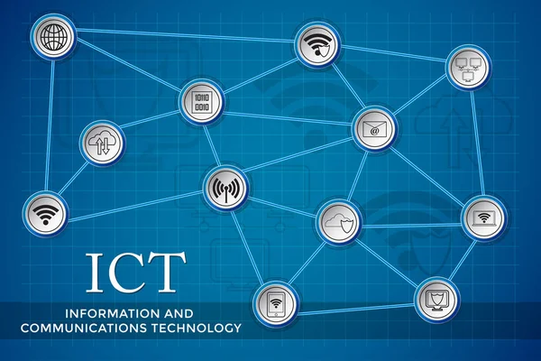 Information Communications Technology Ict Ict 요소의 네트워크는 배경에 아이콘이다 포스터 — 스톡 벡터