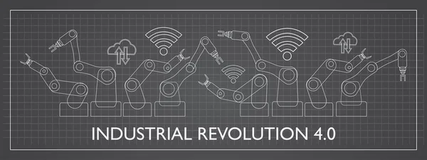 Industriële Revolutie Concept Robotarmen Met Internet Van Iconen Zoals Draadloos — Stockvector