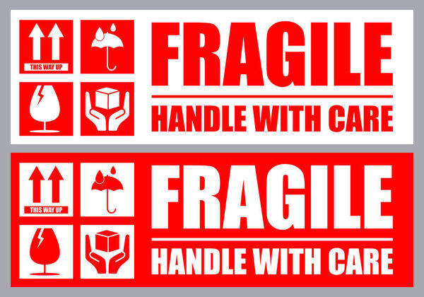 Fragile or Package Label stickers set. (Fragile, Handle with Care, This Way Up, Keep Dry). Vector illustration.