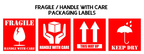 Fragile or Package Label stickers set. (Fragile, Handle with Care, This Way Up, Keep Dry). Vector illustration.