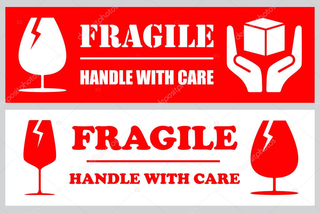 Fragile or Package Label stickers set. (Fragile, Handle with Care, This Way Up, Keep Dry). Vector illustration.