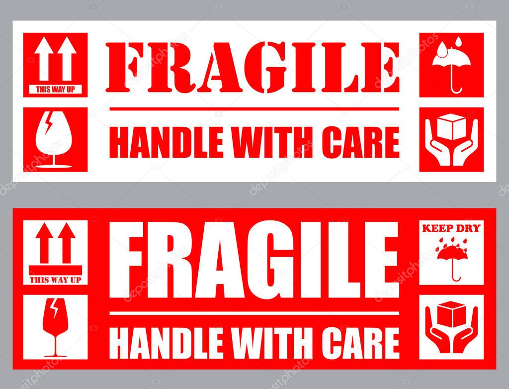 Fragile or Package Label stickers set. (Fragile, Handle with Care, This Way Up, Keep Dry). Vector illustration.