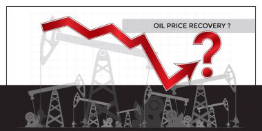 Petrol endüstrisi kriz kurtarma konsepti. Aşağı doğru eğilimli bir ok ve sonunda soru işaretiyle yukarı doğru gidiyor. Arka planda petrol kuyuları.