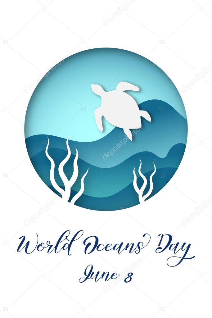 World Oceans Day  design. Elements of the ocean in papercut or origami style. Vector illustration.