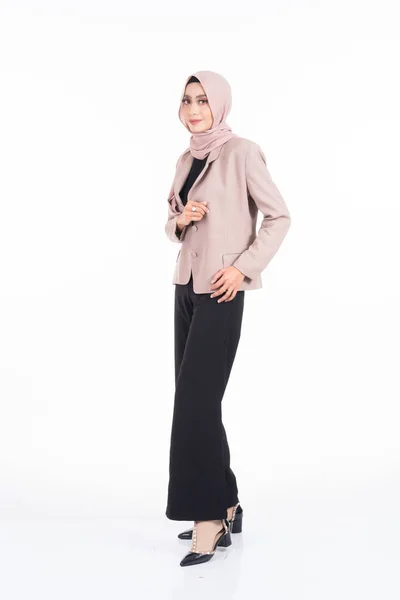 Full Length Portrait Beautiful Muslim Female Model Hijab Officewear Isolated — Stock Photo, Image