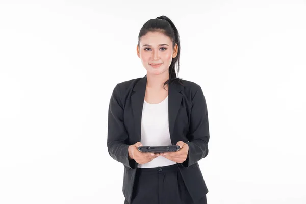 Attractive Woman Wearing Business Attire Holding Tablet Various Poses Isolated — Stock Photo, Image