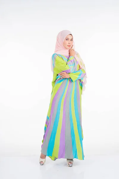 Beautiful Female Model Wearing Pastel Batik Kaftan Caftan Traditional Dress — Stock Photo, Image