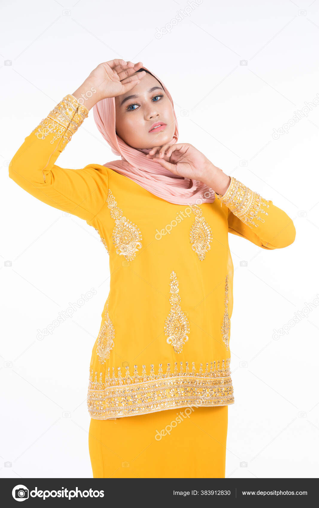 Beautiful Female Muslim Model Various Poses Wearing Modern Kurung Hijab