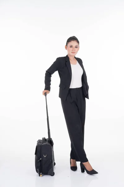 Geschäftsfrau Auf Geschäftsreise Mit Isoliertem Gepäck Auf Weißem Hintergrund Geeignet — Stockfoto