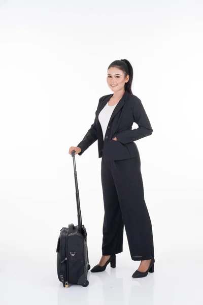 Geschäftsfrau Auf Geschäftsreise Mit Isoliertem Gepäck Auf Weißem Hintergrund Geeignet — Stockfoto