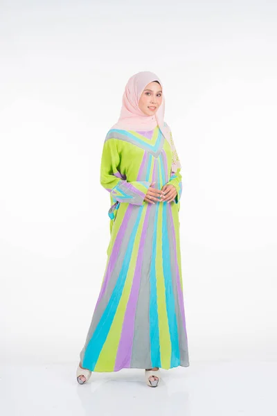 Beautiful Female Model Wearing Pastel Batik Kaftan Caftan Traditional Dress — Stock Photo, Image