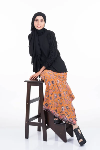 Beautiful Female Asian Model Various Poses Wearing Black Top Batik — Stock Photo, Image
