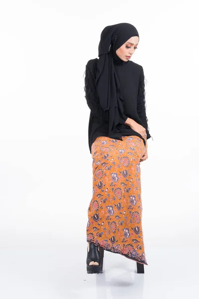 Beautiful Female Asian Model Various Poses Wearing Black Top Batik — Stock Photo, Image