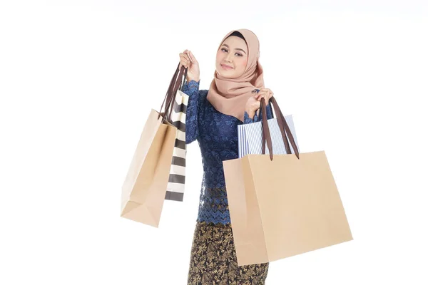 Beautiful Excited Muslim Female Model Asian Traditional Dress Modern Kurung — Stock Photo, Image