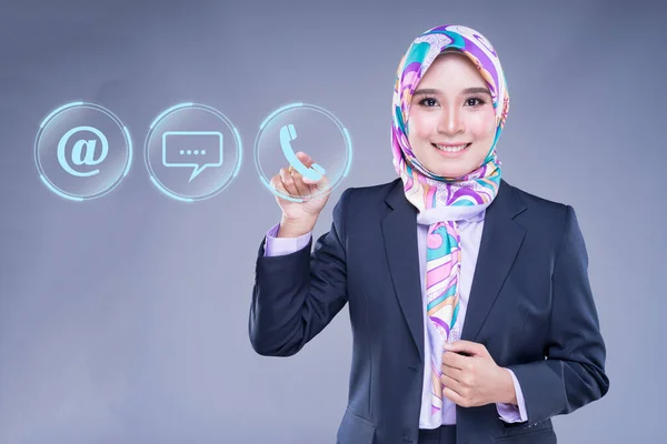 Attractive Muslim Woman Office Wear Hijab Presenting Customer Service Icons — стоковое фото