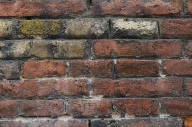 Eski püskü yapısı ile kirli kırmızı vintage tuğla duvar. Yatay brickwall arka plan. Eski tuğla duvar doku. Retro ev cephe. 