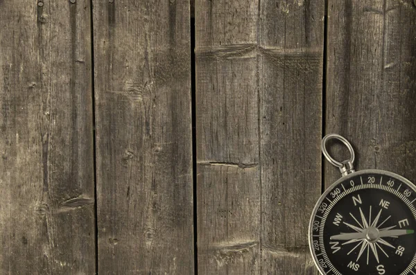 Compass Old Wooden Background Adventure Travel Concept Copy Space — Stock Photo, Image