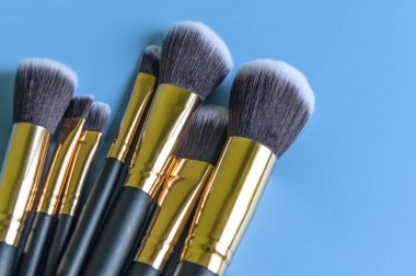 Mavi arka planda makyaj fırçaları