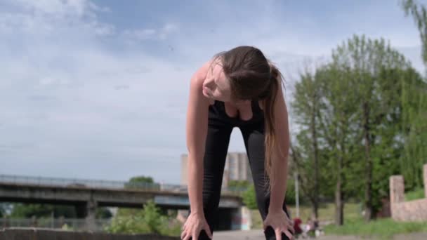 Young Woman Resting Jogging Running River Beautiful Woman Athlete Exhausted — Stock Video