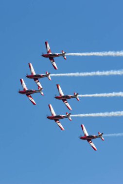 Avalon, Avustralya - 3 Mart 2013: Royal Australian Air Force (RAAF) Roulettes formasyon akrobatik ekran ekibi Pilatus P-9A uçağı. 