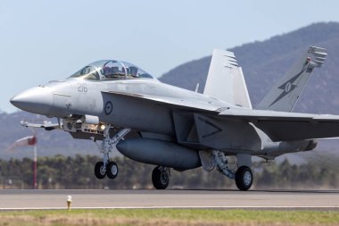 Avalon, Avustralya - 2 Mart 2013: Kraliyet Avustralya Hava Kuvvetleri (RAAF) Boeing F / A-18F Super Hornet çok delikli savaş uçağı A44-216 Queensland, RAAF Amberley 'de konuşlandırıldı.
