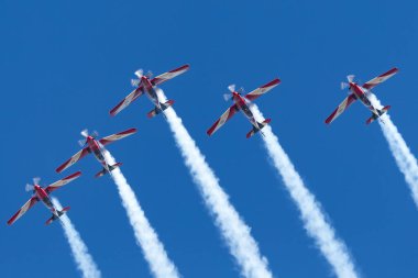 Avalon, Avustralya - 3 Mart 2013: Royal Australian Air Force (RAAF) Roulettes formasyon akrobatik ekran ekibi Pilatus P-9A uçağı. 