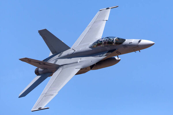 Avalon, Australia - March 2, 2013: Royal Australian Air Force (RAAF) Boeing F/A-18F Super Hornet multirole fighter aircraft A44-216 based at RAAF Amberley in Queensland.