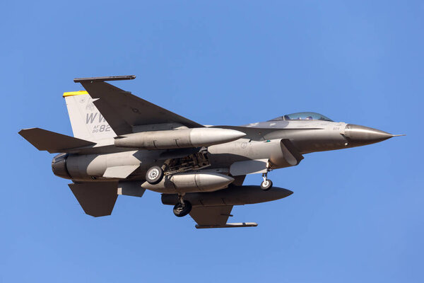 Avalon, Australia - February 22, 2013: United Staes Air Force (USAF) Lockheed F-16CJ Fighting Falcon 90-0824 from the 14th Fighter Squadron, 35th Fighter Wing at Misawa Air Base, Japan.