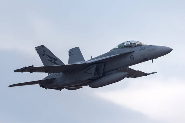 Avalon, Australia - February 26, 2013: Royal Australian Air Force (RAAF) Boeing F/A-18F Super Hornet multirole fighter aircraft A44-203 based at RAAF Amberley in Queensland.