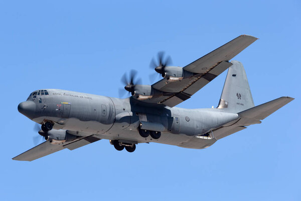 RAAF Williams, Point Cook, Australia - February 28, 2014: Royal Australian Air Force Lockheed Martin C-130J-30 Hercules military cargo aircraft A97-466.