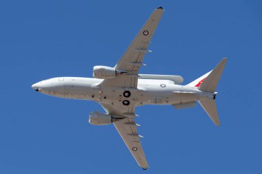 RAAF Williams, Point Cook, Australia - March 2, 2014: Royal Australian Air Force (RAAF) Boeing E-7A Wedgetail A30-004 AEW&C twin-engine airborne early warning and control aircraft. clipart