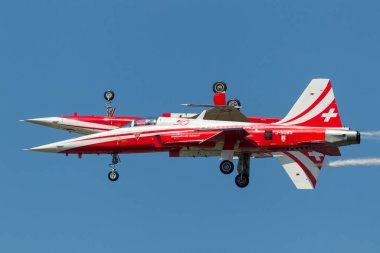 RAF Fairford, Gloucestershire, İngiltere - 10 Temmuz 2014: İsviçre Hava Kuvvetleri Northrop F-5E avcı uçağının Patrouille Suisse oluşum ekibi.