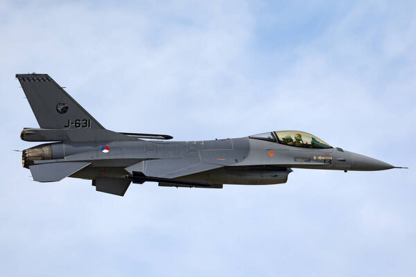 RAF Fairford, Gloucestershire, UK - July 13, 2014: Royal Netherlands Air Force (Koninklijke Luchtmacht) General Dynamics F-16AM Fighting Falcon military jet aircraft J-631.