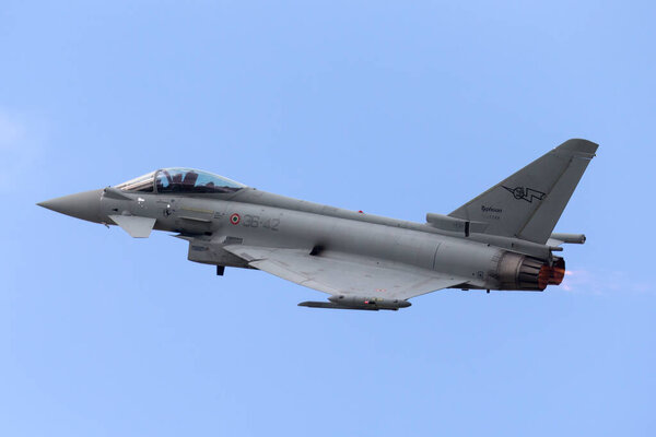 RAF Fairford, Gloucestershire, UK - July 14, 2014: Italian Air Force (Aeronautica Militare Italiana) Eurofighter EF-2000 Typhoon multirole fighter aircraft MM7288 from the flight test Squadron Reparto Sperimentale Volo. 