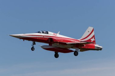 RAF Fairford, Gloucestershire, İngiltere - 10 Temmuz 2014: İsviçre Hava Kuvvetleri gösteri ekibi Patrouille Suisse 'den Northrop F-5E avcı uçağı.