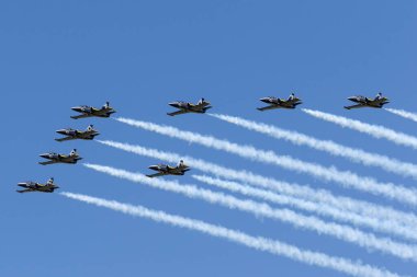 RAF Fairford, Gloucestershire, İngiltere - 10 Temmuz 2014: Breitling Jet Team Aero L-39C Albatros jet antrenör uçağı.