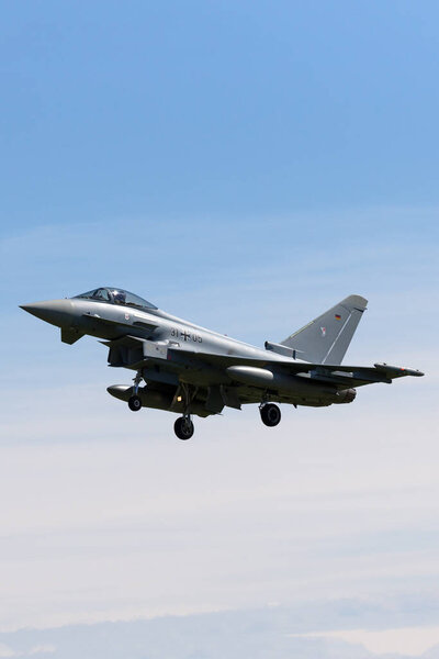 RAF Fairford, Gloucestershire, UK - July 10, 2014: German Air Force (Luftwaffe) Eurofighter EF-2000 Typhoon multirole fighter aircraft.