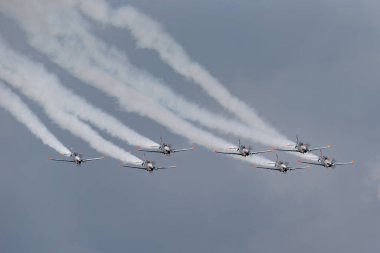 RAF Fairford, Gloucestershire, İngiltere - 12 Temmuz 2014: Polonya Hava Kuvvetleri PZL-Okecie PZL-130 TC-1 Orlik turboprop, tek motor, formasyon halinde uçan iki koltuk eğitmeni uçağı.