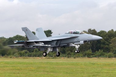 Farnborough, UK - July 19, 2014: United States Navy Boeing F/A-18F Super Hornet multirole fighter aircraft clipart