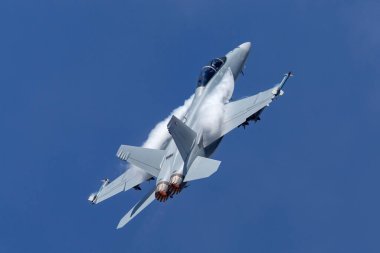 Farnborough, İngiltere - 20 Temmuz 2014: ABD Donanması F / A-18F Super Hornet çok delikli savaş uçağı