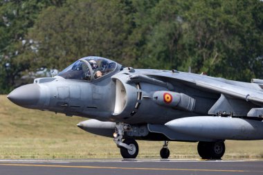Farnborough, İngiltere - 20 Temmuz 2014: İspanyol Donanması (Armada Espaola) McDonnell Douglas eav-8b Harrier Jump Jet uçağı. 