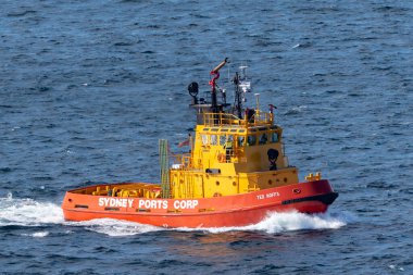 Sydney, Avustralya - 3 Ekim 2013: Sydney Limanları Sydney Limanı 'nda Ted Noffs adında parlak turuncu ve sarı itfaiyeci römorkörleri. 