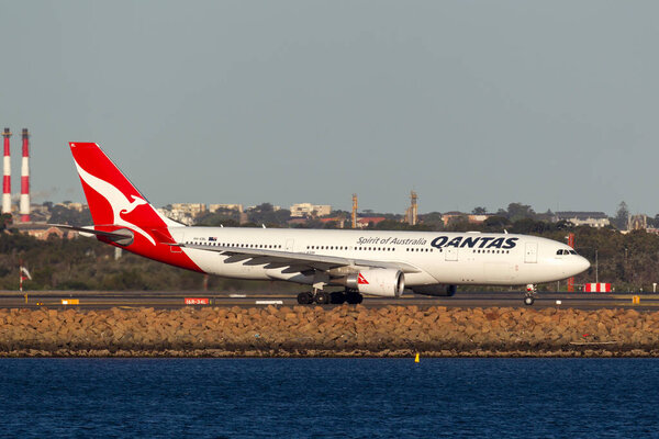Sydney, Australia - October 9, 2013: Qantas Airbus A330 large passenger airliner at Sydney Airport.