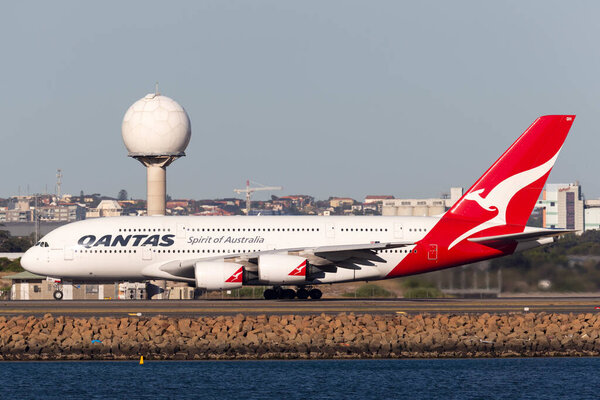  Sydney, Australia - October 9, 2013: Qantas Airbus A380 large four engined passenger aircraft at Sydney Airport.