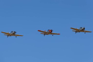 Tyabb, Avustralya - 9 Mart 2014: Eski Kraliyet Avustralya Hava Kuvvetleri (RAAF) Commonwealth Aircraft Corporation (CAC) CA-25 Winjeel eğitim uçağı VH-FTS, VH-HOY ve VH-HFM uçuş formasyonu. 