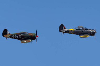 Tyabb, Avustralya - 9 Mart 2014: Commonwealth Aircraft Corporation CA-16 Wirraway ve CA-13 Boomerang Australian, Avustralya Kraliyet Hava Kuvvetleri (RAAF) tarafından 2..