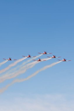 Temora, Avustralya - 2 Kasım 2013: Royal Australian Air Force (RAAF) Roulettes formasyon akrobatik ekran ekibi Pilatus P-9A askeri eğitim uçağı.