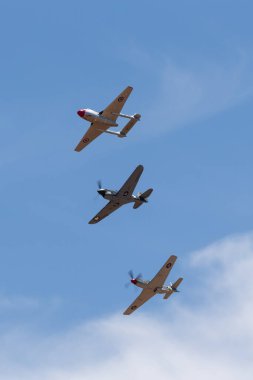 Temora, Avustralya - 2 Kasım 2013: De Havilland Vampire jet uçağı, Curtiss P-40F ve Commonwealth Aircraft Corporation CA-18 Mustang.