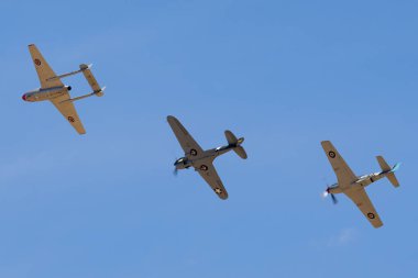 Temora, Avustralya - 2 Kasım 2013: De Havilland Vampire jet uçağı, Curtiss P-40F ve Commonwealth Aircraft Corporation CA-18 Mustang.
